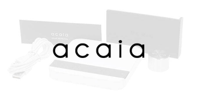 schwarzes acaia Logo mit einer Waage und Lieferumfang im Hintergrund