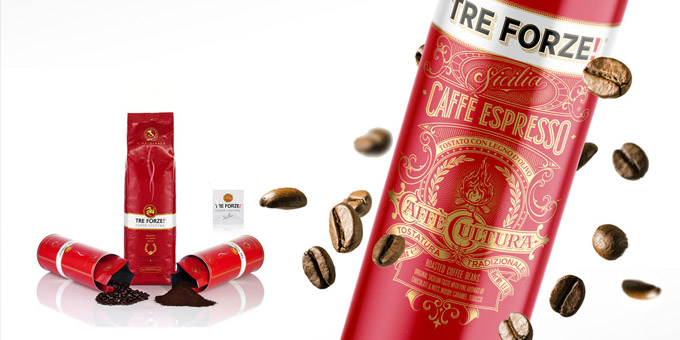 Tre Forze! Caffe Espresso Verpackung  und geröstete Bohnen